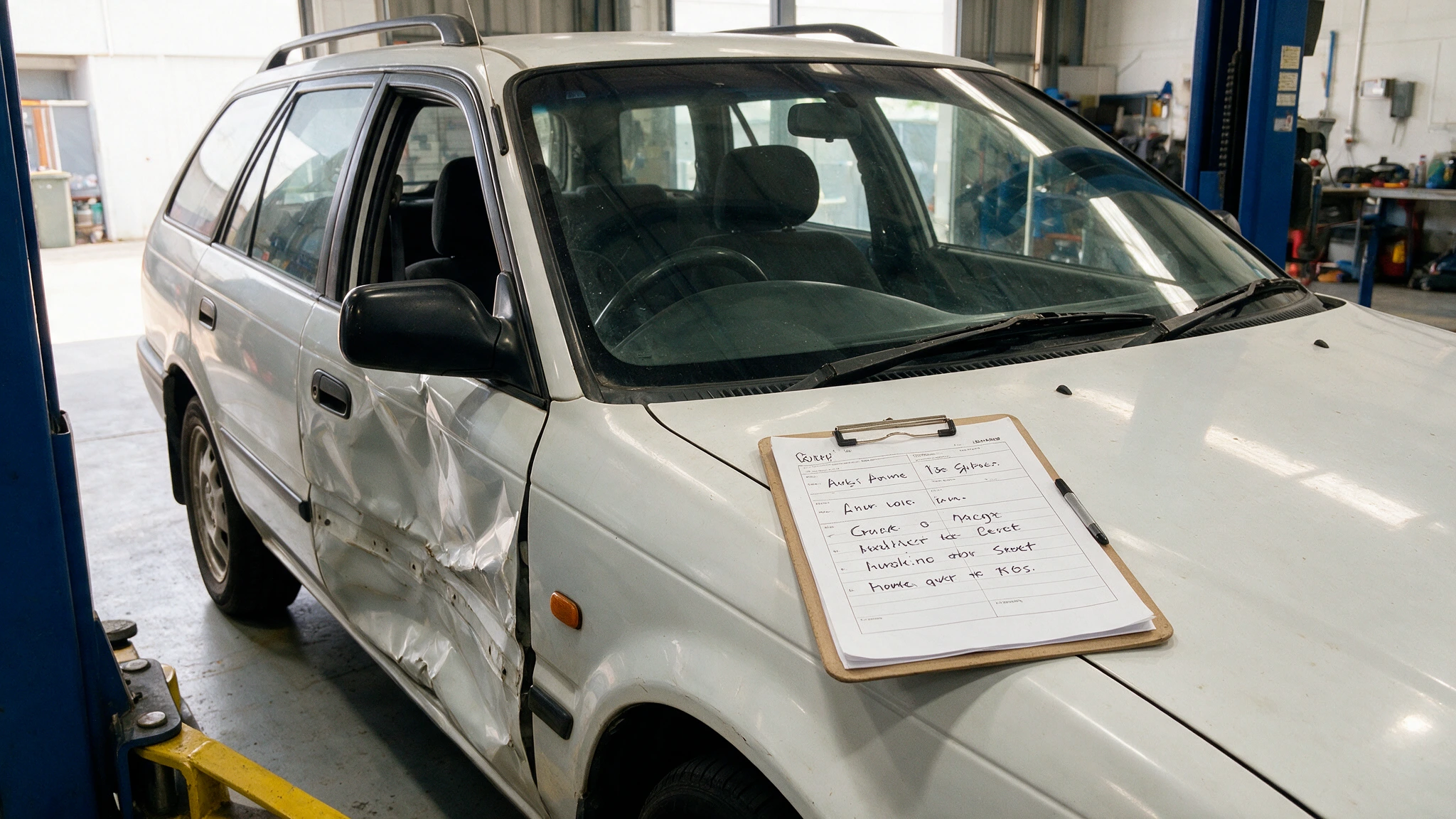 Damaged vehicle with a crumpled passenger door parked in a clean workshop bay with an assessment clipboard resting on the bonnet