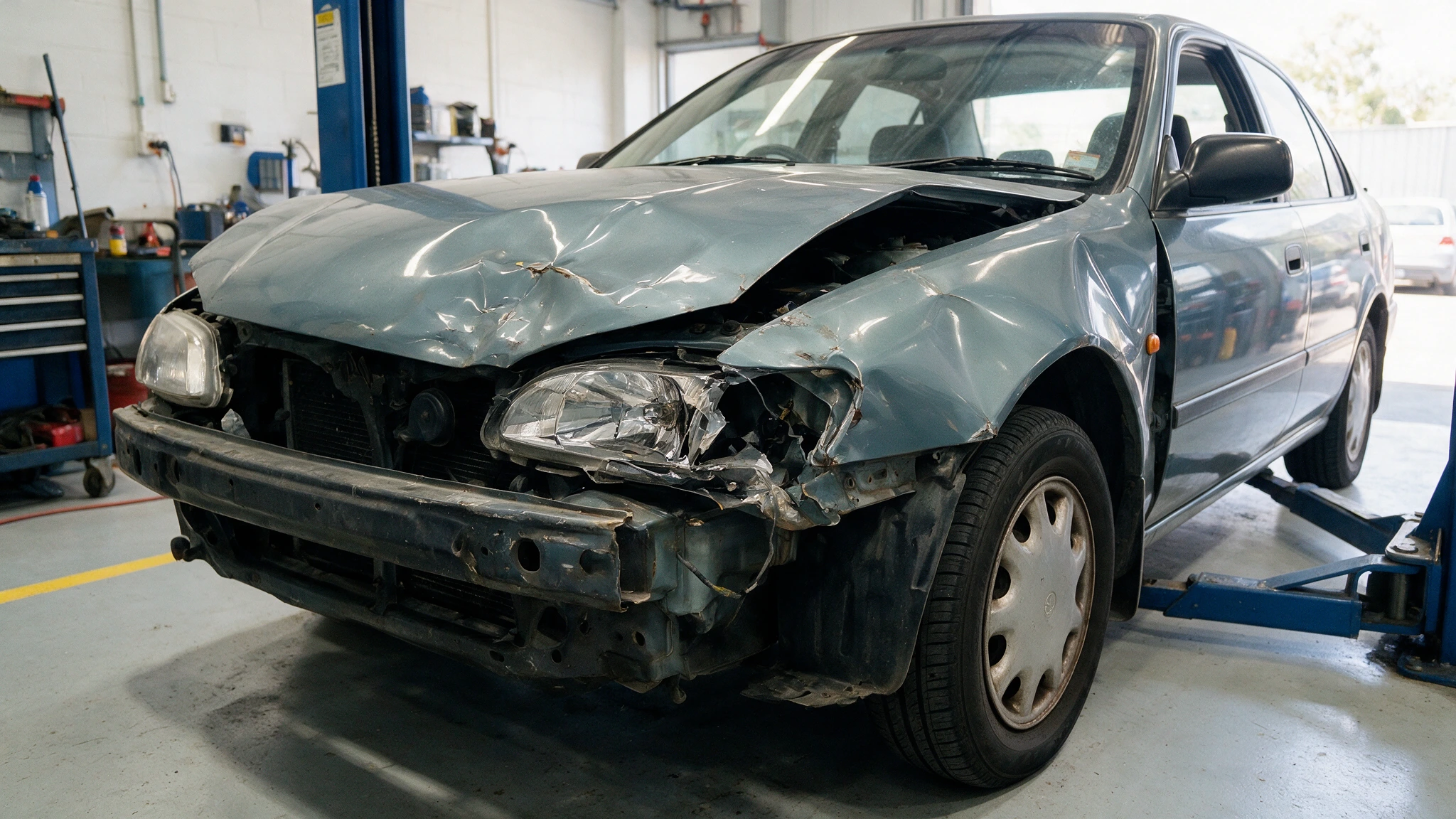 Front end of a sedan with a crumpled bonnet and broken headlight sitting in a clean workshop bay