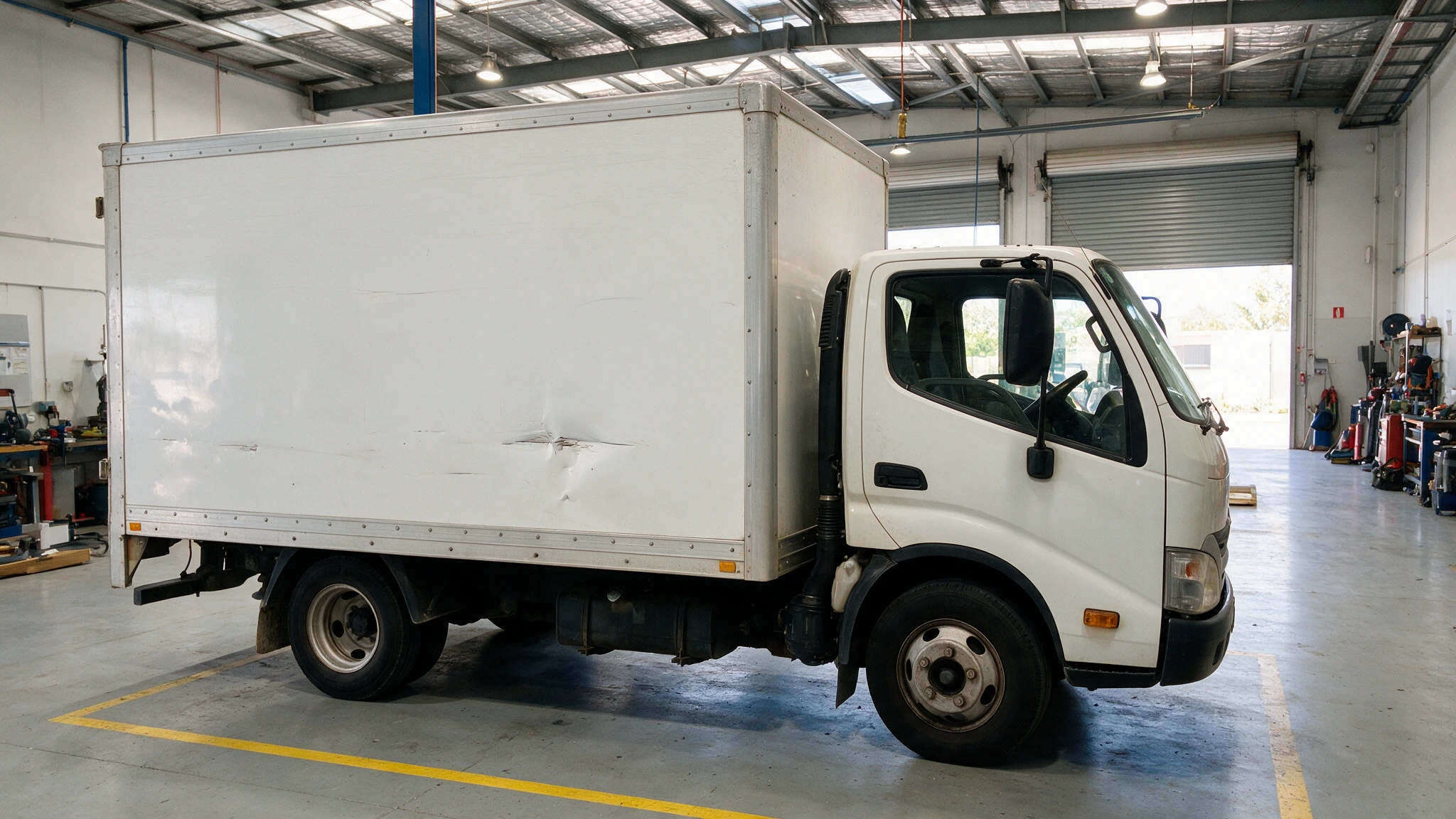 White delivery truck parked inside a wide clean workshop bay with minor scrape damage on the side panel