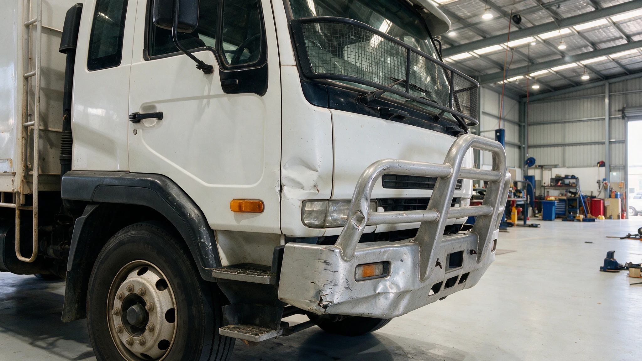 Front corner of a large commercial truck with a dented bullbar and scraped front bumper parked in a wide clean workshop bay